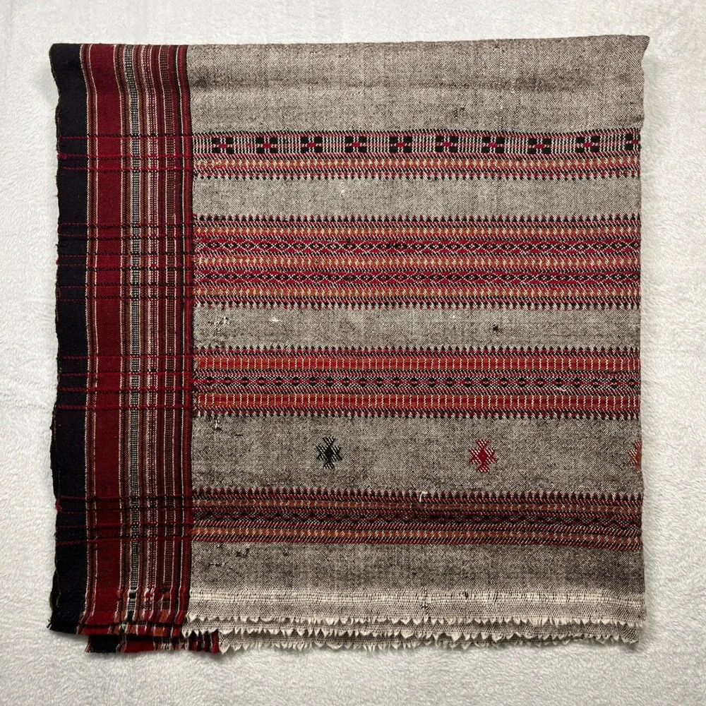 Afghan Patoo Blanket Shawl Grey Burgundy Woven Wool Blend Geometric Wrap